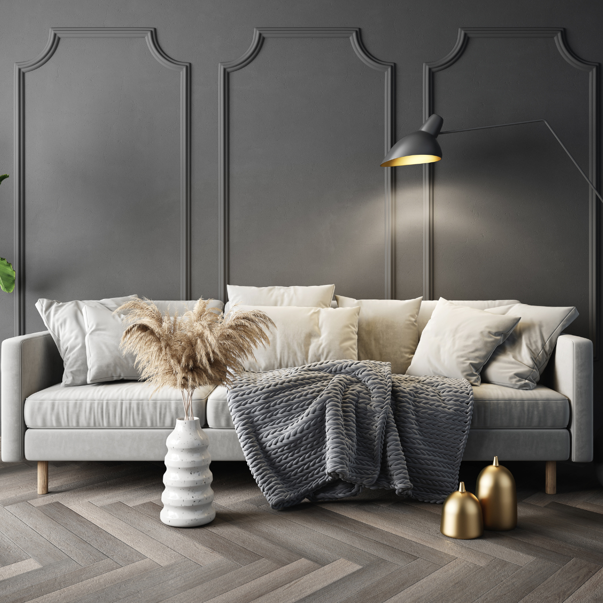 Living room interior design featuring a cozy space with neutral-colored furniture, a beige sofa, and soft lighting.