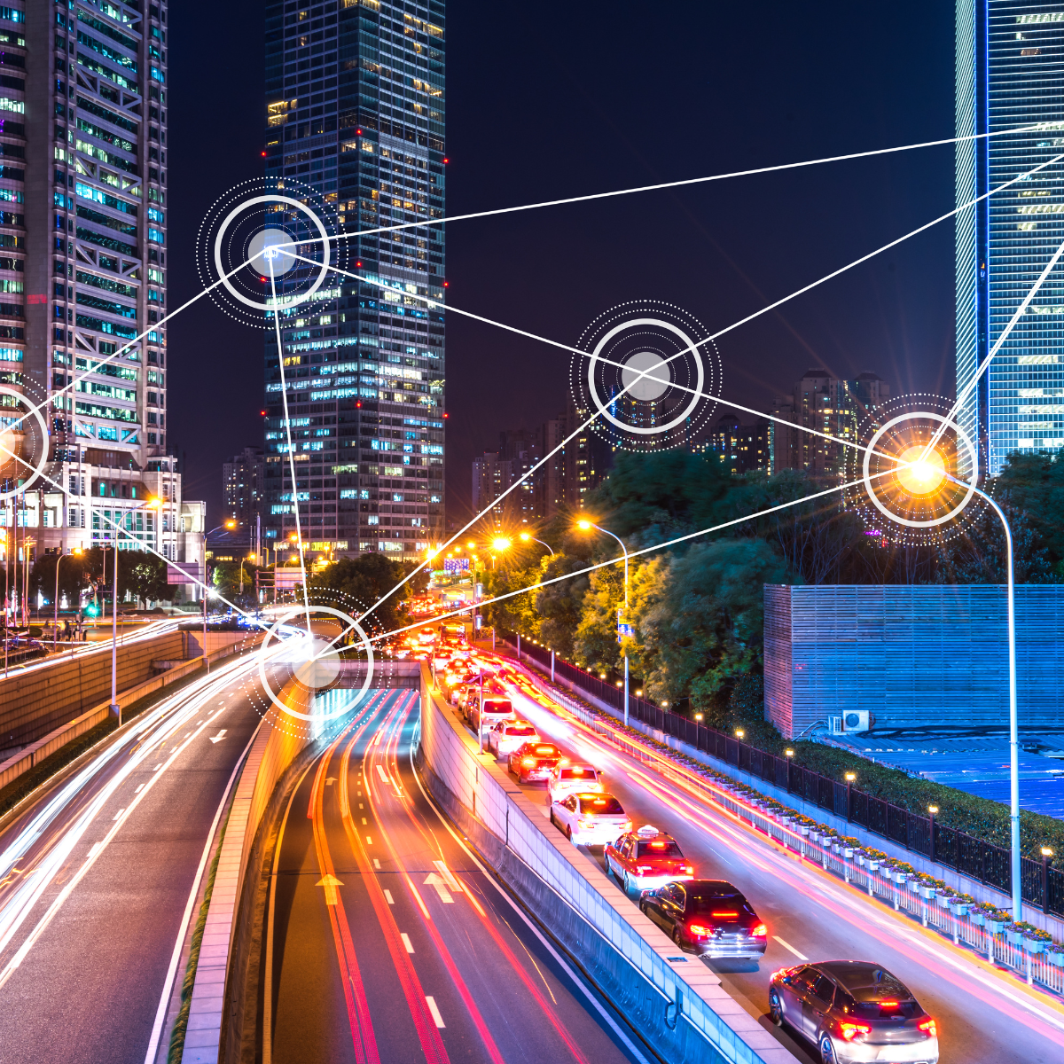 A smart city with interconnected technology such as IoT devices, sensors, and data analytics improving urban life.